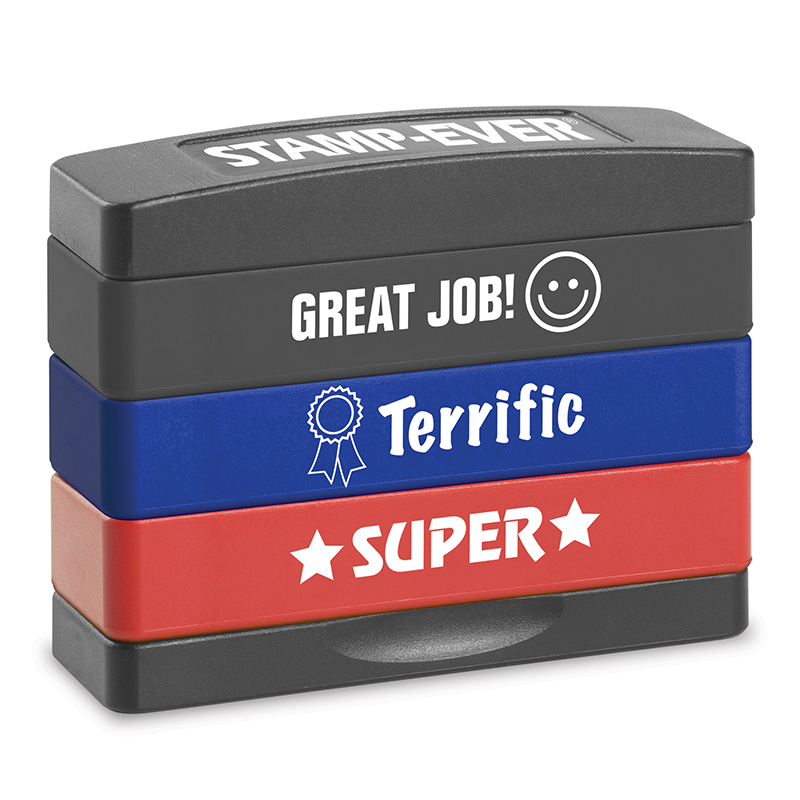 Teacher stamps, three messages in one. Trodat pre-inked teacher Stakz stamps. Impressions include Super, Great Job and Terrific. Easy to use. Ships fast.