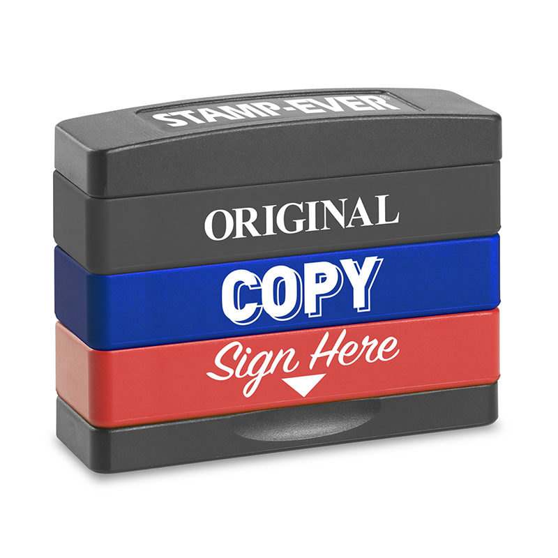 Office supply rubber stamps 3-in-one pack. Pre-inked Trodat Stakz stampers with convenient interlocking impressions including Original, Copy and Sign Here.