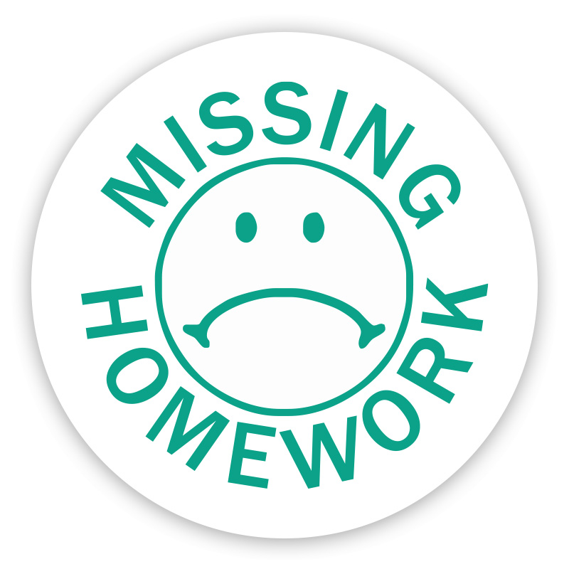 Missing homework sad face round self-inking rubber stamp available in 4 sizes and 11 ink colors. Refillable with Ideal ink. Free shipping on orders over $100!