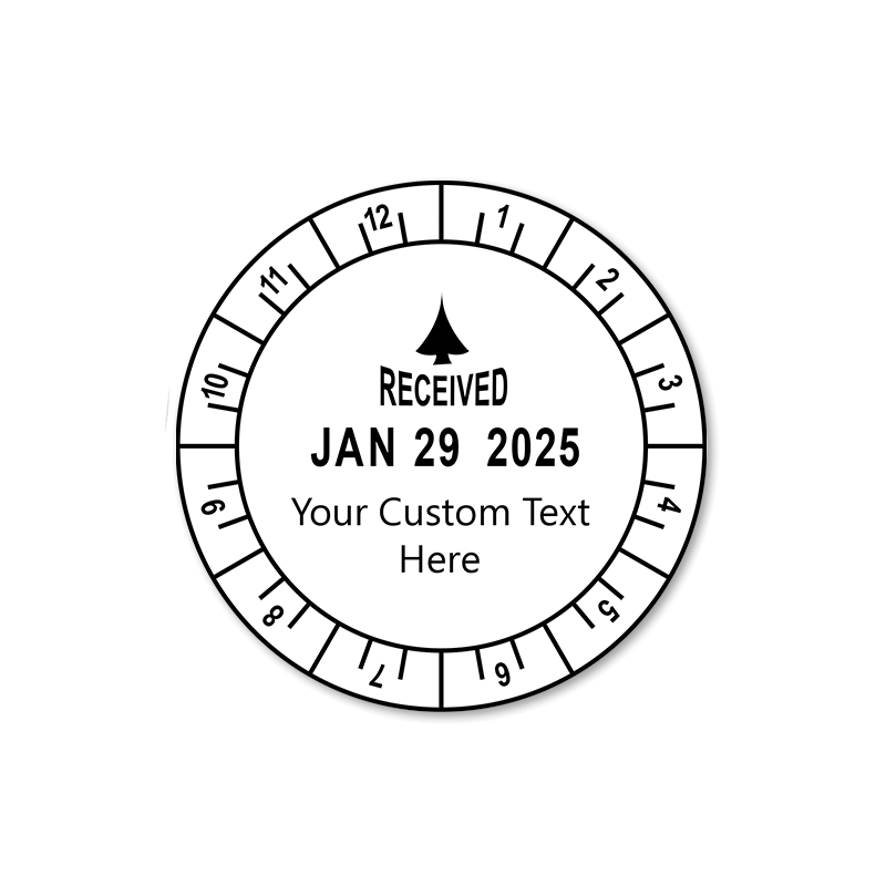 Personalize this Trodat 12 hour date & time stamp w/ your own custom text! Impression is 2" in diameter w/ rotating dial for time. Orders over $100 ship free!