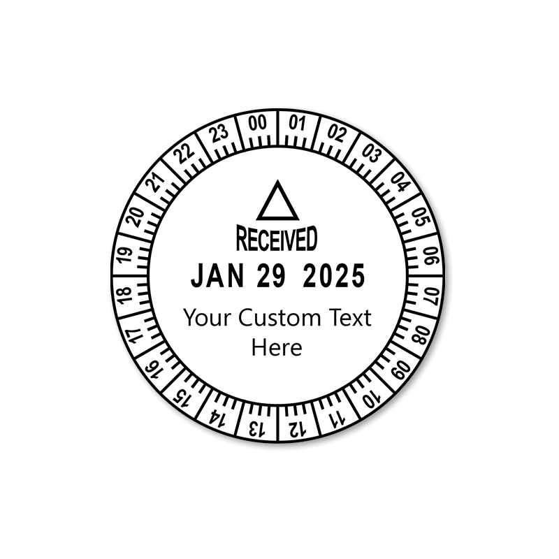 Personalize this Trodat 24 hour date & time stamp w/ your own custom text! Impression is 2" in diameter w/ rotating dial for time. Orders over $100 ship free!