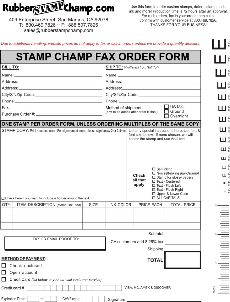 Fax your order for rubber stamps to Rubber Stamp Champ and save with free shipping and Knockout prices!